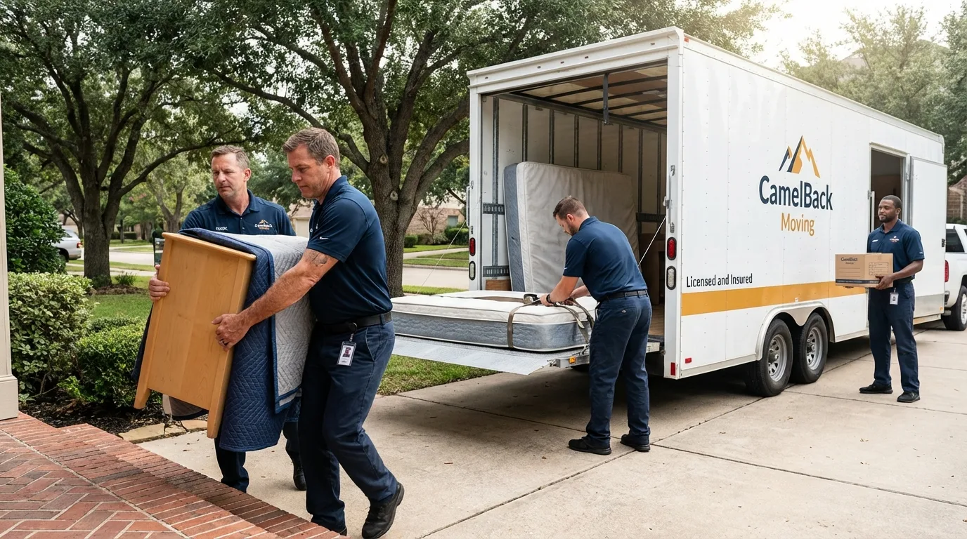 Crew loading residential truck for cross-state move from Johnson City, TX