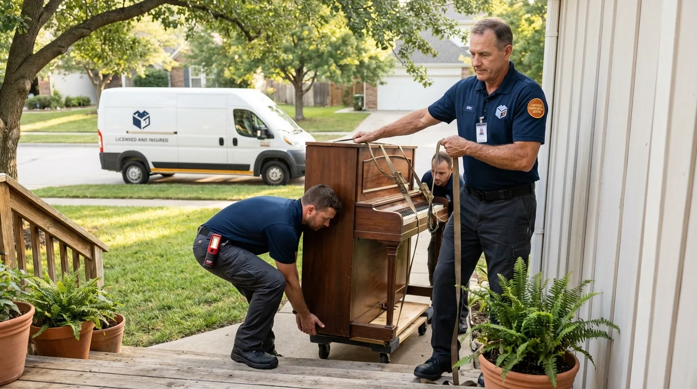 Licensed piano movers securing grand piano in Johnson City, TX