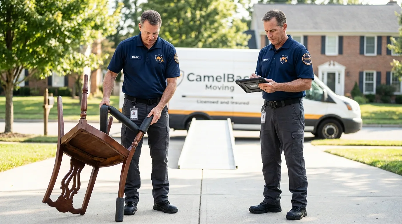 Movers inspecting furniture for damage prevention before loading in Johnson City, TX