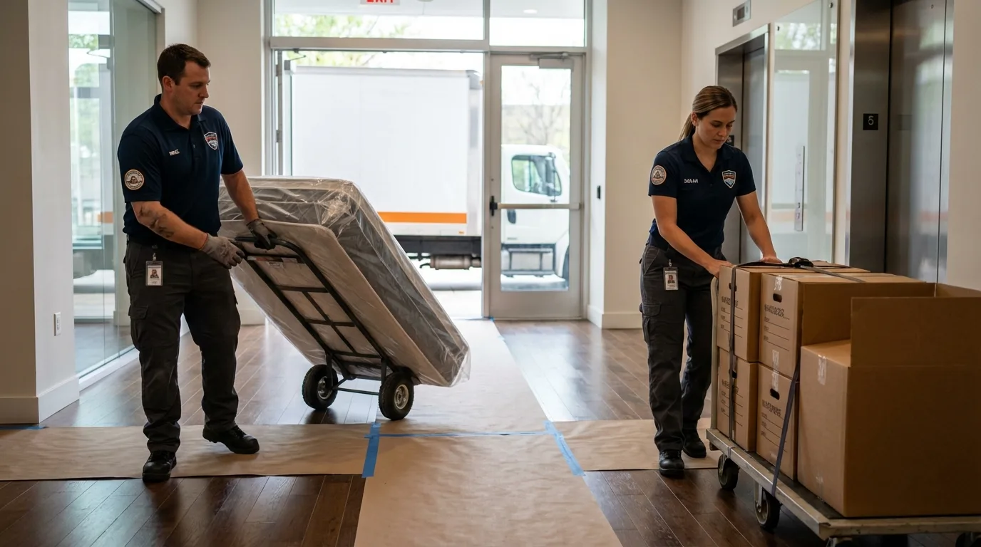Professional apartment movers loading elevator in Johnson City, TX